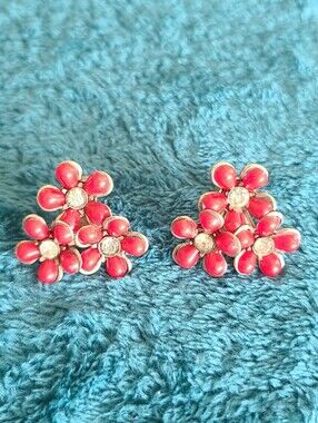 Vintage Red Floral Cluster Screw Back Earrings with Clear Centers